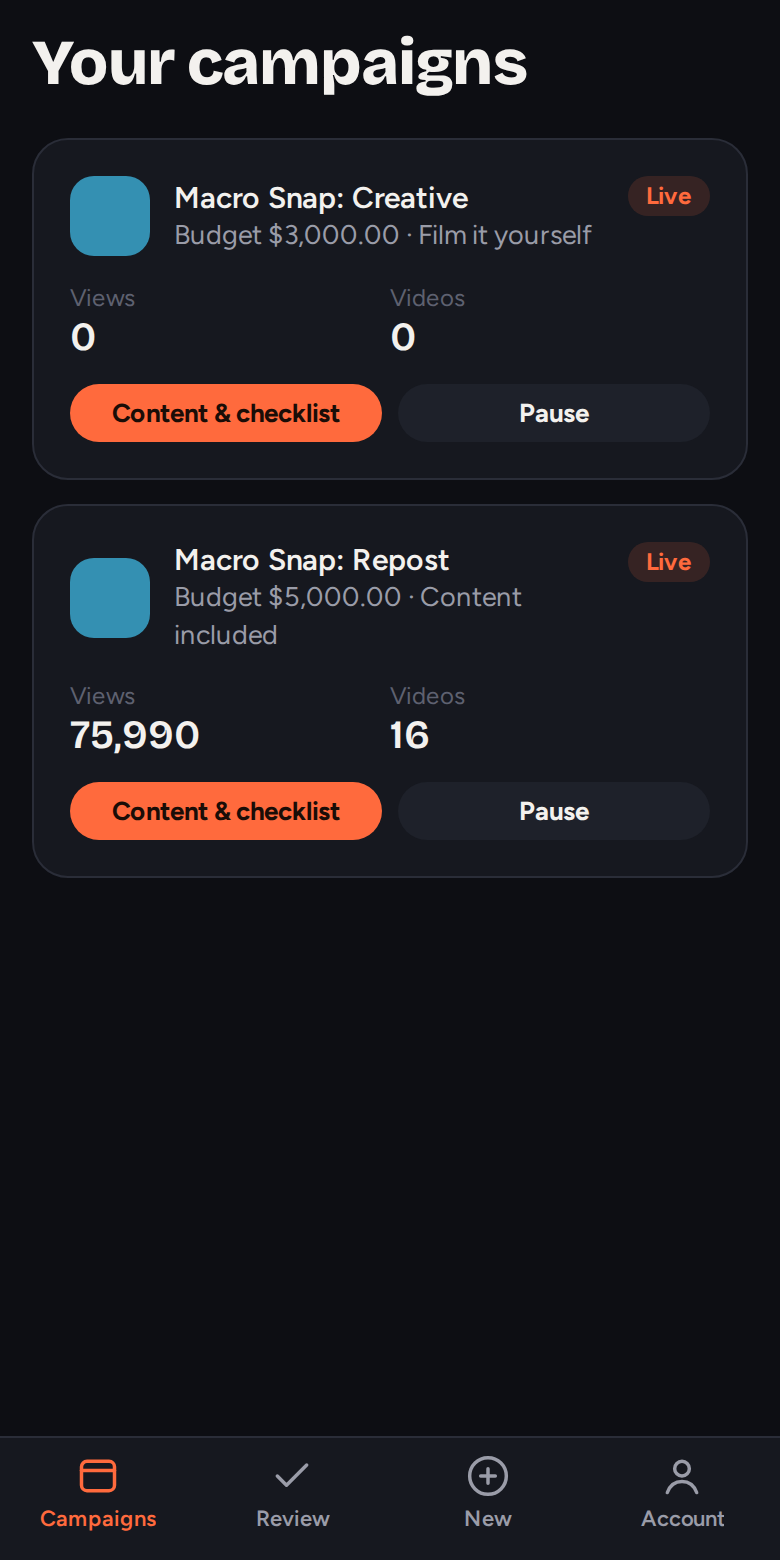 The Hypiva brand dashboard: live campaigns with views and videos